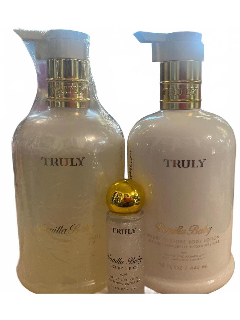 Truly Beauty Vanilla Baby 3-Piece Lot - Body Lotion, Body Wash/Oil & Lip Oil